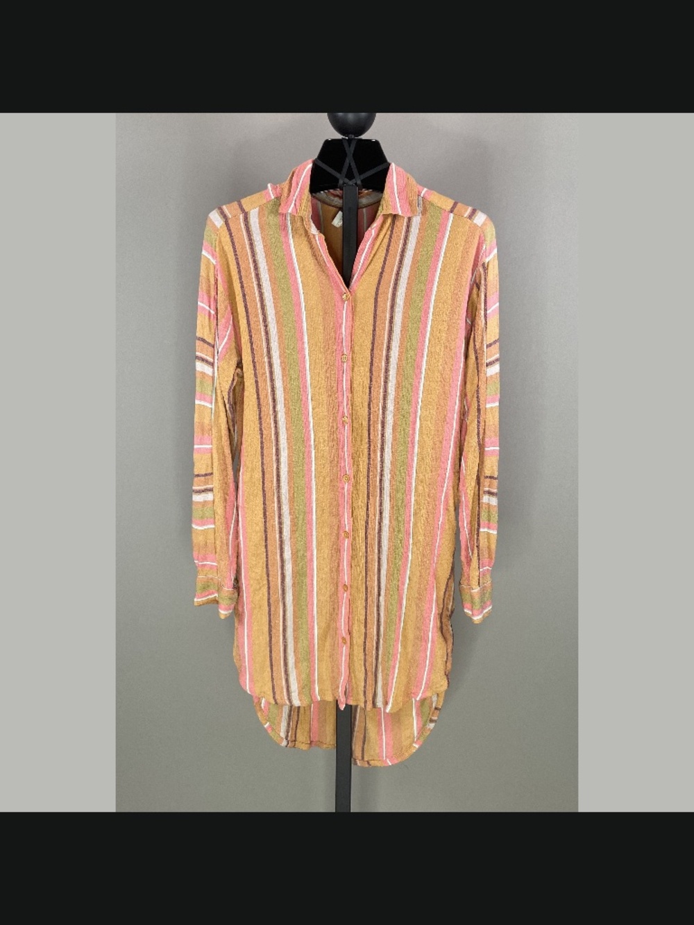 Prana Shirt Womens XS brown pink stripe button up tunic boho indie casual